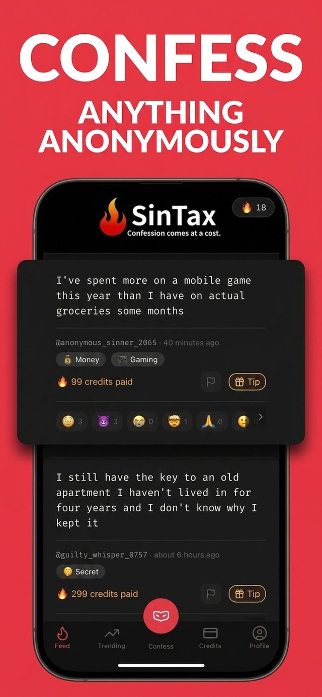 SinTax anonymous confession feed screenshot